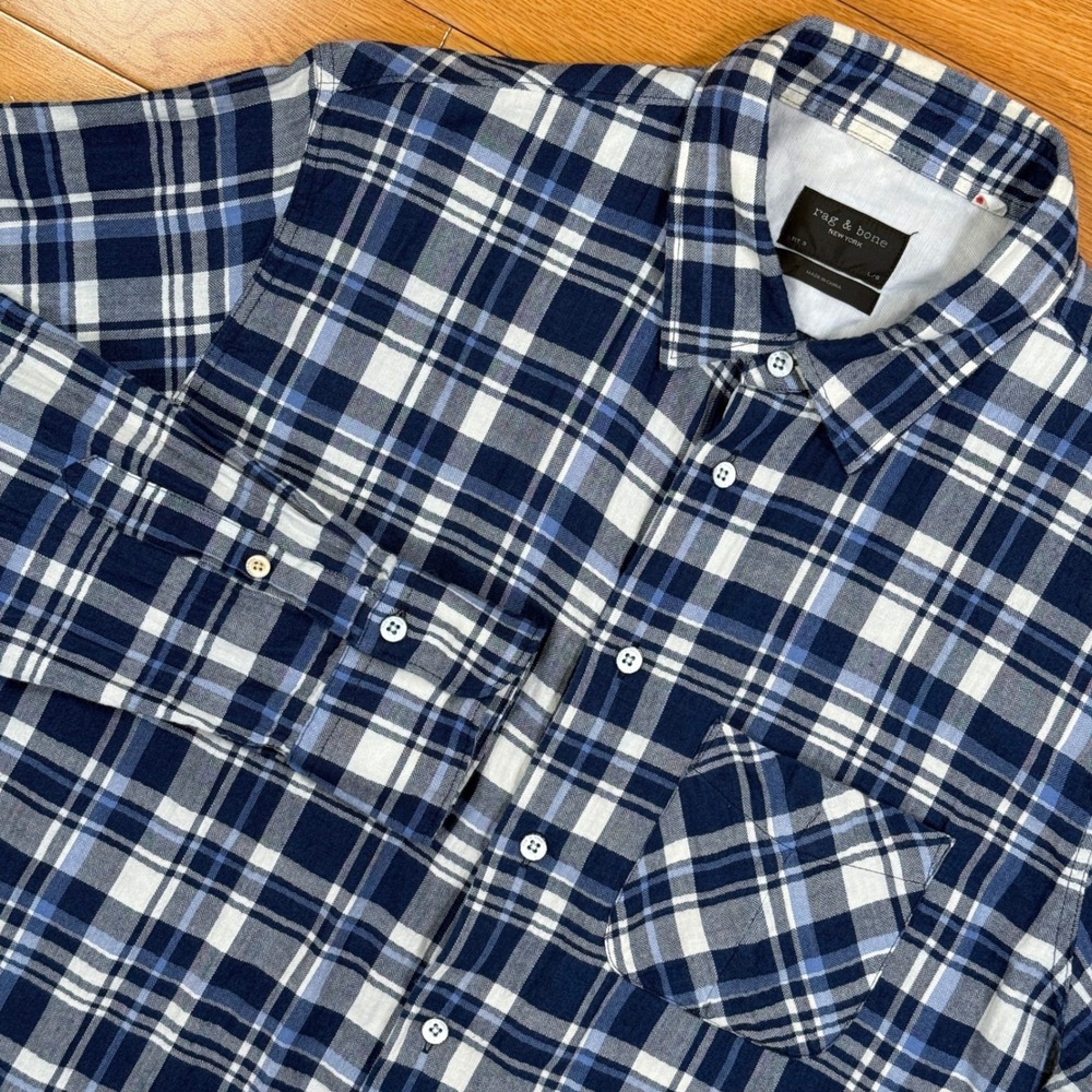 Rag & Bone Mens Fit 3 Large Plaid Button Down Flannel Shirt Navy Blue White